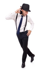 Man wearing hat and suspenders isolated on white