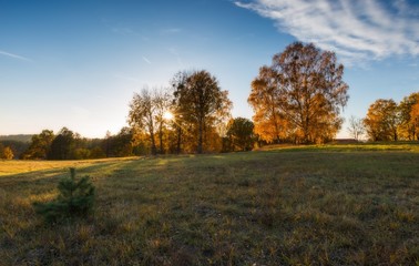 Fototapeta premium Autumnal landscape with countryside at sunset