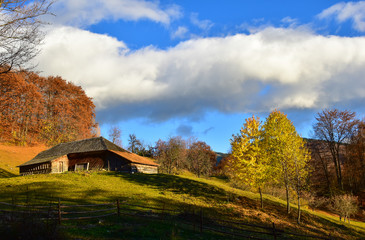 Plakat Autumn landscape with traditional cottage house on the hill and vibrant nature in fall season