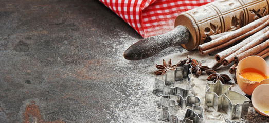 Christmas baking ingredients and tolls for dough preparation