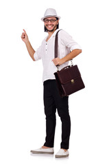 Young man with handbag and hat isolated on white