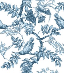 Birds and Flowers Seamless Pattern - 95513986