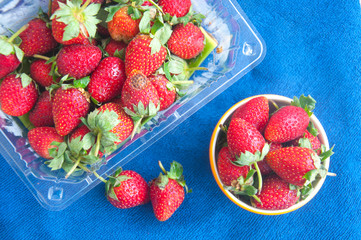 Fresh strawberries on blue background
