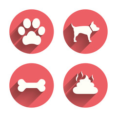 Pets icons. Dog paw and feces signs.