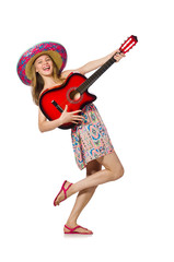 Woman in musical concept with guitar on white