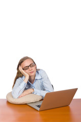 Office employee at work table isolated on white