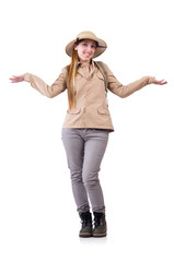 Woman wearing safari hat on white