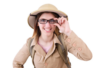 Fototapeta premium Woman wearing safari hat on white