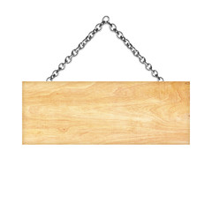 Wooden sign hanging on a chain isolated on white