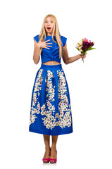 Woman with tulip flowers on white