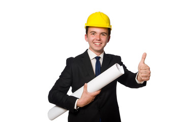 Funny architect with drawings on white