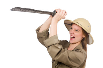 Naklejka premium Woman wearing safari hat on white