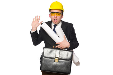 Funny architect with drawings on white