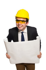 Funny architect with drawings on white