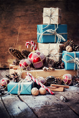 Holiday Christmas Gifts with Boxes, Twine, Balls, Fir Tree Toys