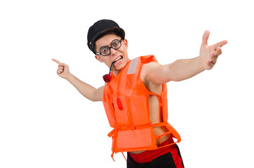 Funny man wearing orange safety vest