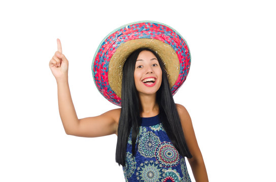 Young attractive woman wearing sombrero on white