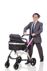 Funny dad with baby and pram on white