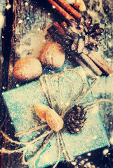 Christmas Holiday Box with Linen Cord and Natural Gifts.Drawn Snow