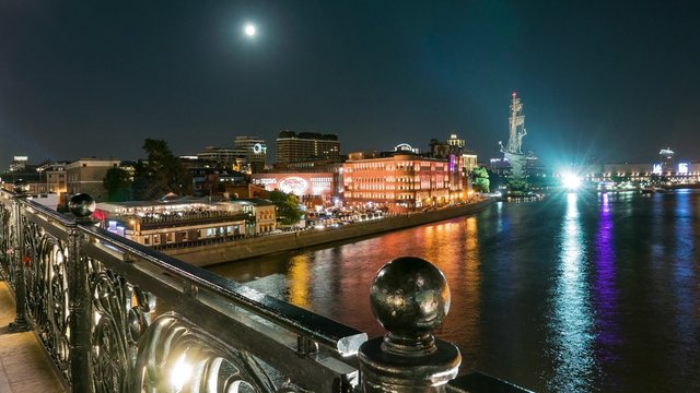 Krasny Oktyabr, Moskva River Embankment with the Patriarshy Bridge by a summer night with cars and boats  traffic and illumination, Moscow, Russia. 4k, Time lapse