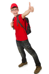 Young traveller with backpack isolated on white