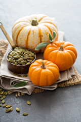 Pumpkins with seeds and sage leaves