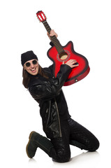 Young guitar player isolated on the white