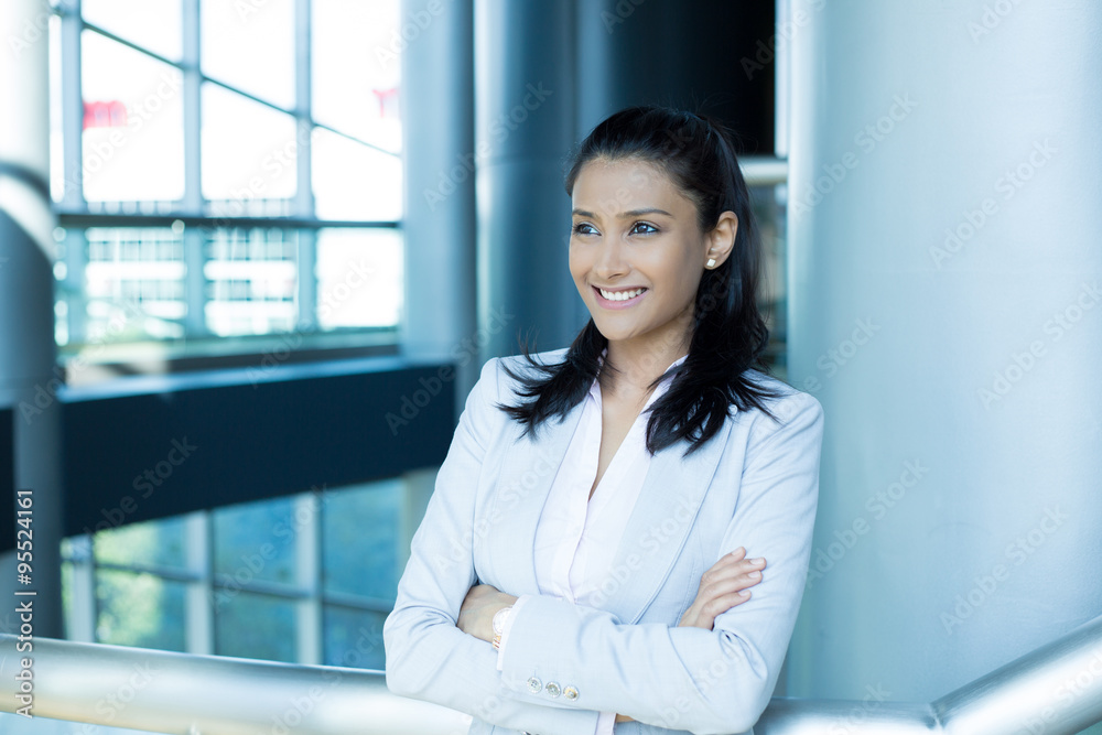 Wall mural closeup portrait, young professional, beautiful confident woman in pink shirt gray suit, arms crosse