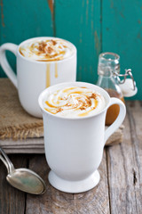 Hot caramel drink with whipped cream
