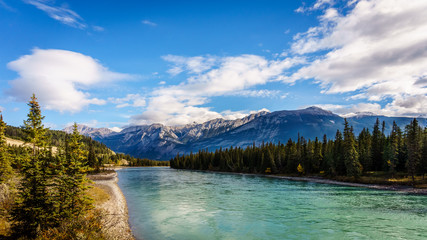 The Athabasca River seen from the Bridge of Maligne lake Road in Jasper national Park in the...