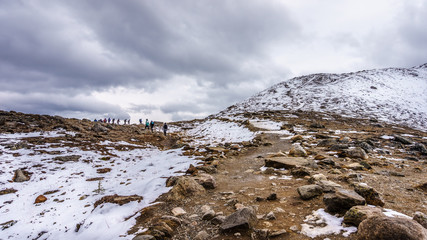 Hiking to the top of the Whistlers Mountain in Jasper National Park in the Canadian Rockies on a cold September day that felt like winter