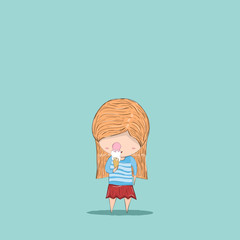 Cute cartoon eat ice cream girl, drawing by hand vector and digi