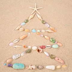 Fototapeta na wymiar Beach Xmas concept, christmas tree on sand made out of sea shel