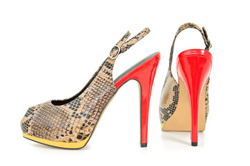 Leather skin yellow and orange peep toe sling back pumps, isolat