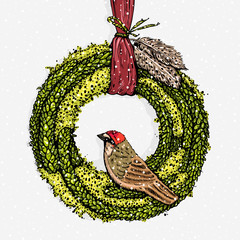 varicolored Christmas fir wreath with a bird, ribbon and feathers, black contour on a white background, vector illustration
