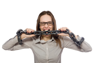 Young businesswoman in funny concept on white