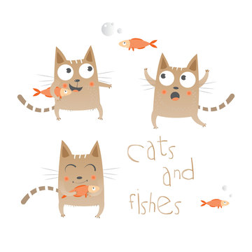 Cartoon cats and fishes set. Vector image.