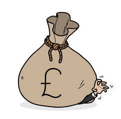 Greedy Businessman, a hand drawn vector illustration of a big money bag on top of a greedy businessman.