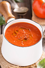 Freshly made tomato soup in a saucepan