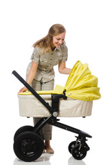 Woman with baby and pram isolated on white