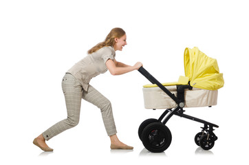 Woman with baby and pram isolated on white