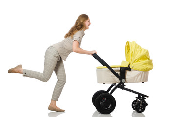 Woman with baby and pram isolated on white