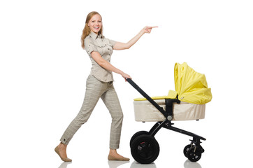 Woman with baby and pram isolated on white