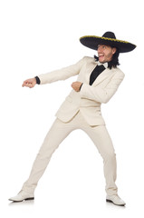 Funny mexican in suit and sombrero isolated on white
