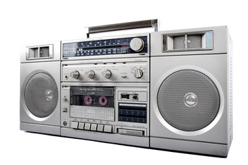 Fototapeta na wymiar 1980s Silver retro, boom box and headphone isolated on white. right side
