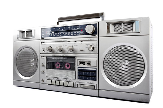 1980s Silver retro, boom box and headphone isolated on white. right side