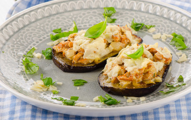 Baked eggplant with chanterelles