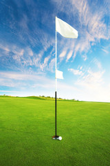 Fototapeta na wymiar Golf course on a beautiful day. Golf ball is near the hole.