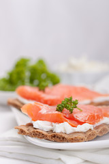 Sandwich with smoked salmon and cottage cheese on a white plate.