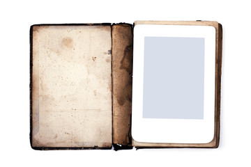 Old book and ebook isolated on white background
